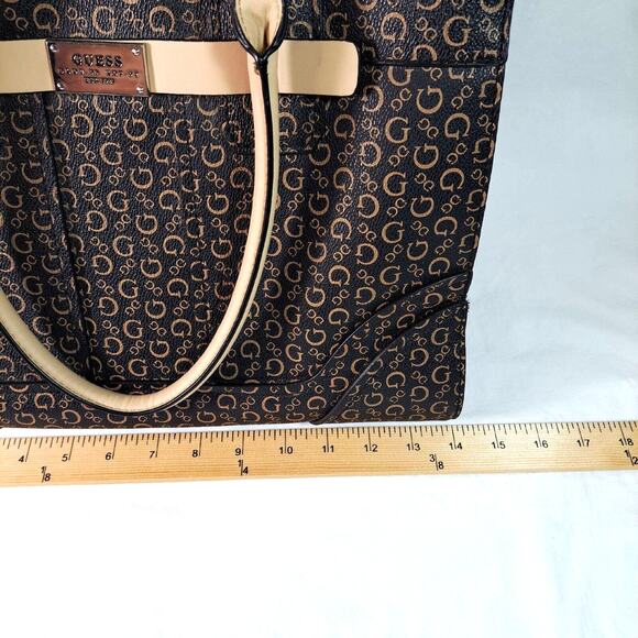 Guess Logo Satchel Handbag Tote Large Multiple Compartments Coasted Canvas Black - Picture 12 of 16